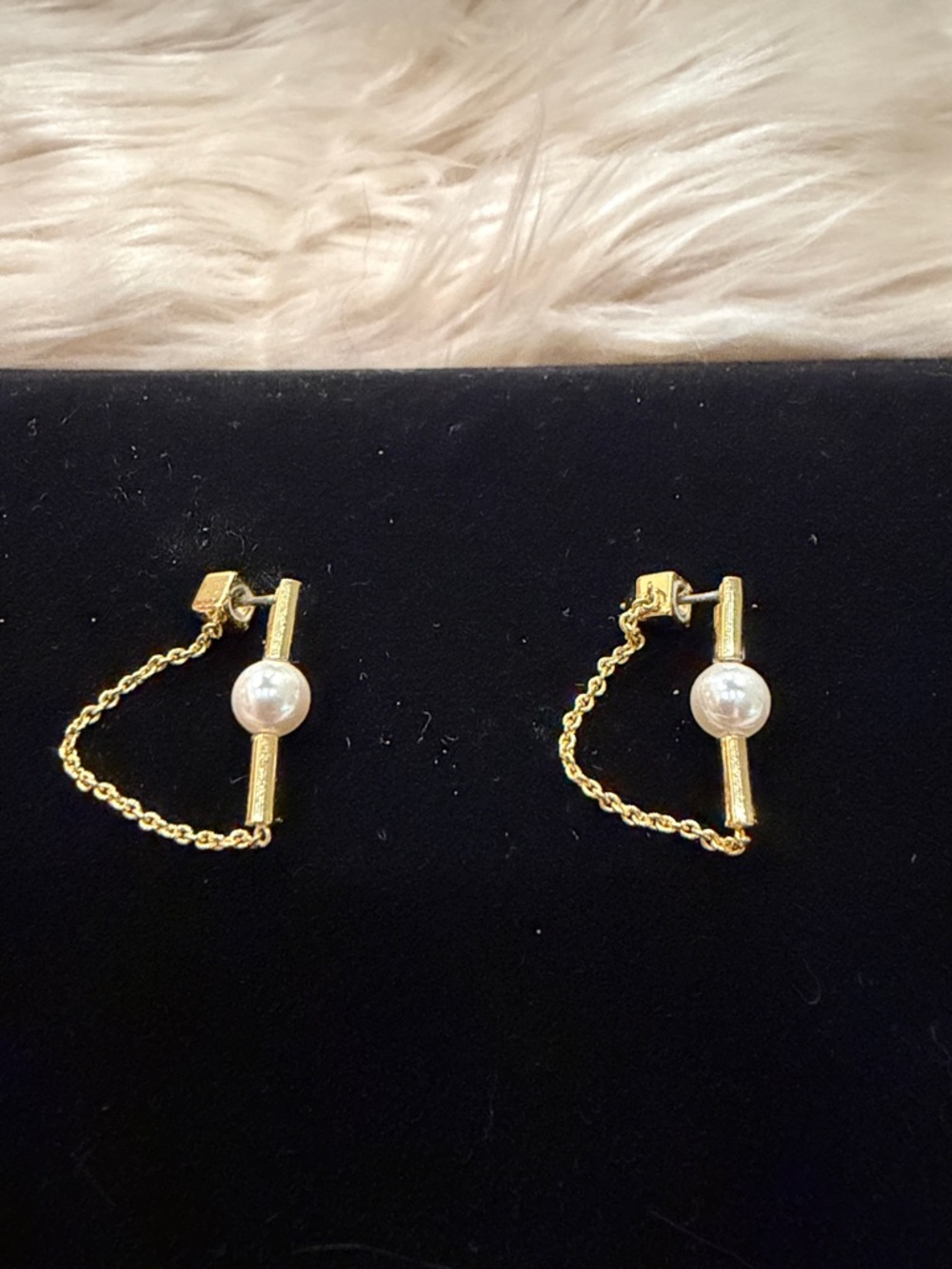 Stella & Dot Gold Pearl Bar Chain Drop Earrings